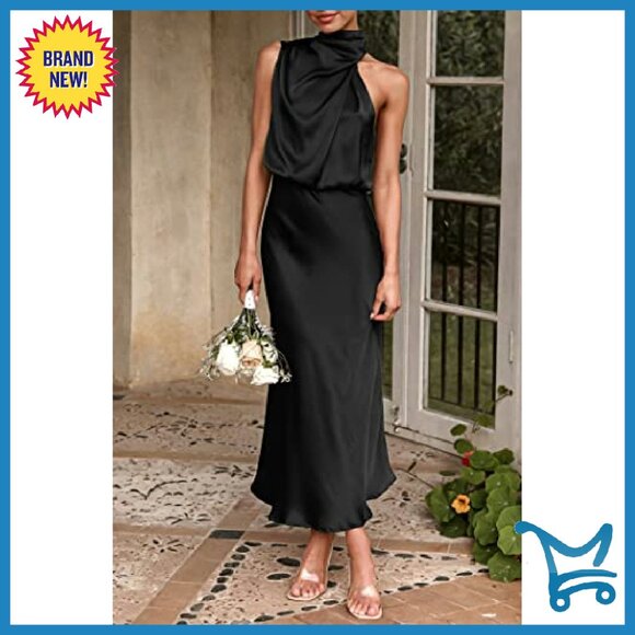 Satin Maxi Dress Sleeveless Mock Neck Formal Party Cocktail - Picture 5 of 8